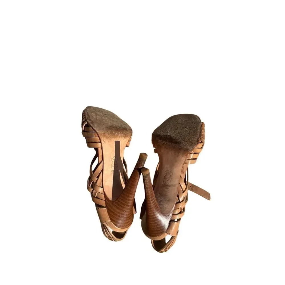 Tory Burch Nadia Huarache Woven Tan Leather Sandals heels size 5.5 M